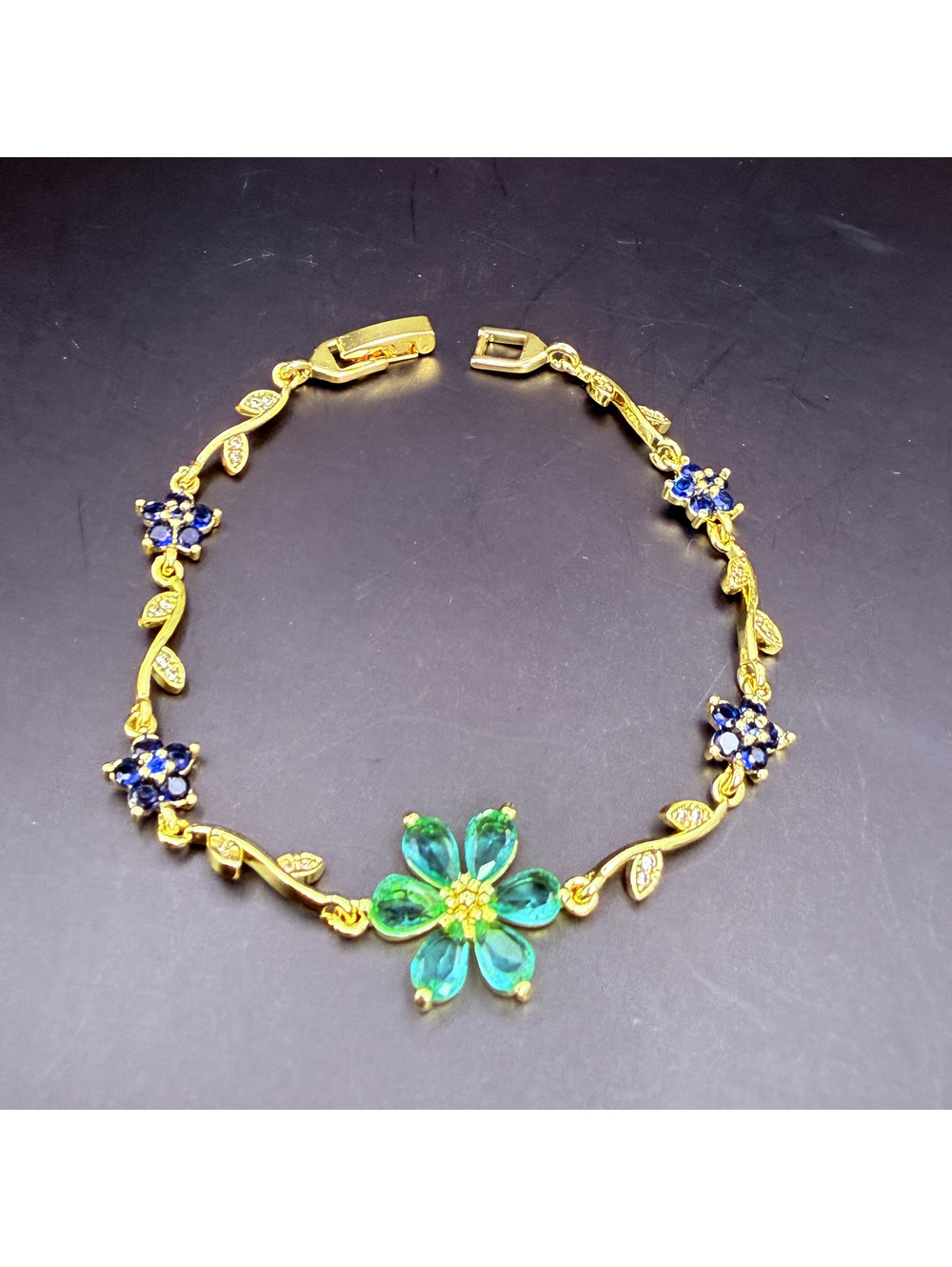 candy+clover teal green and blue sakura flower vine gold tone bracelet